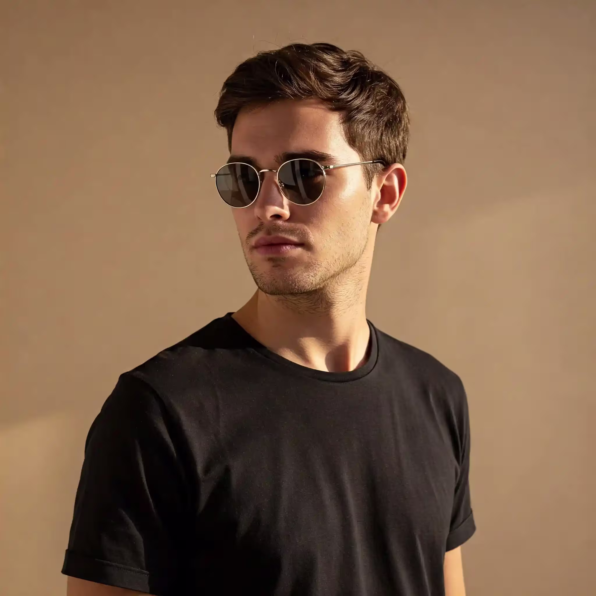 Hombre joven con gafas de sol y camiseta negra.