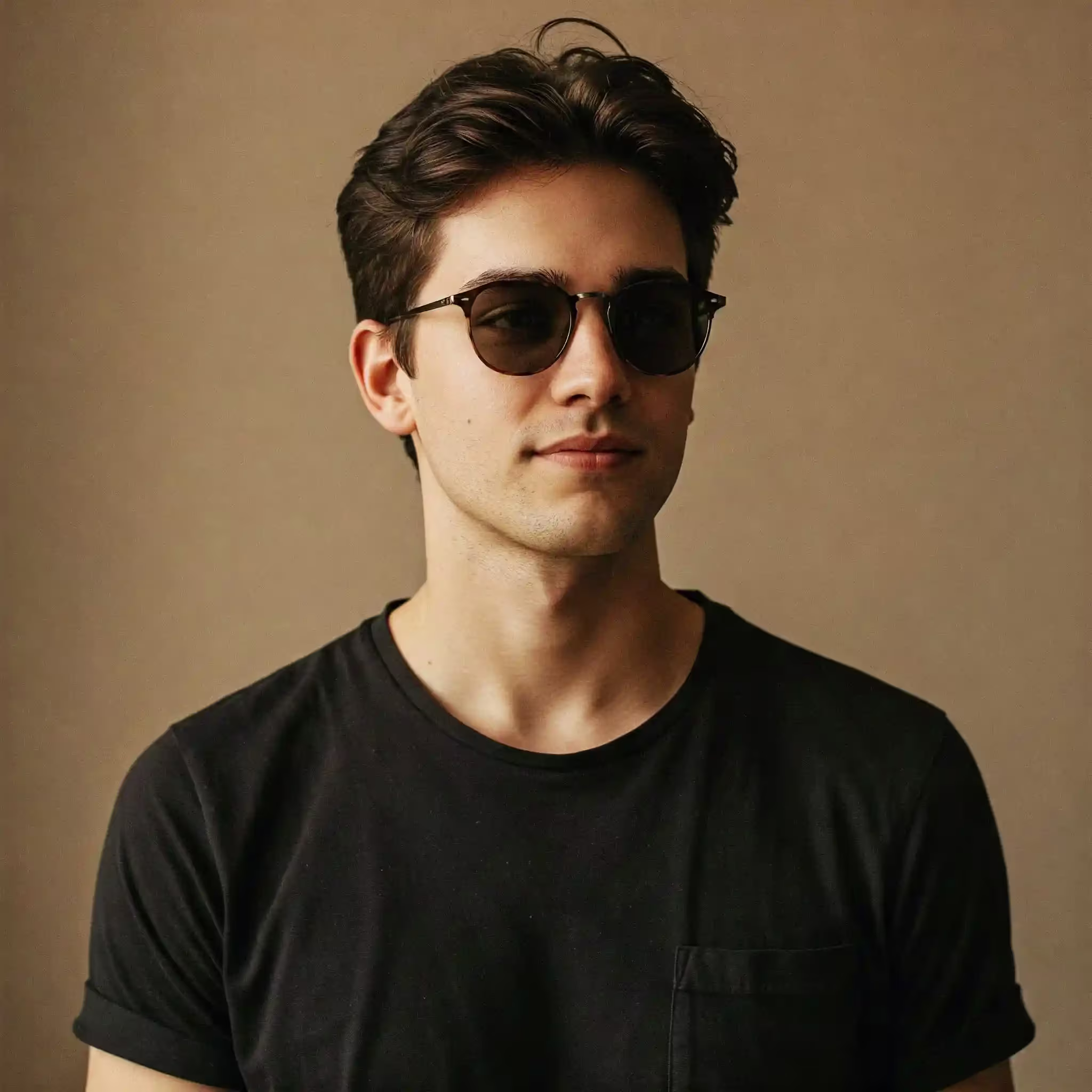 Retrato de un hombre joven con gafas de sol redondas.