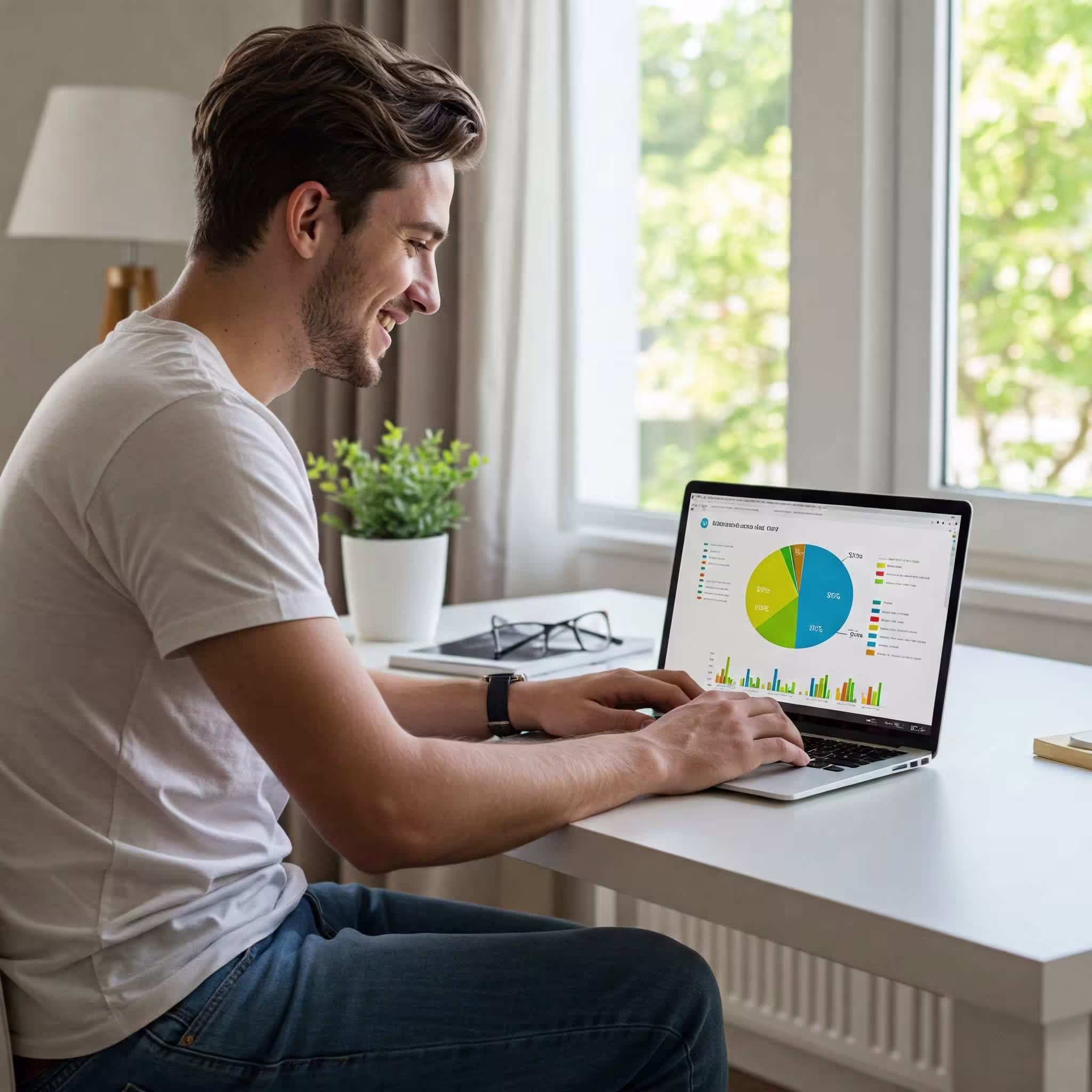Hombre analizando un gráfico circular en una laptop.
