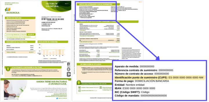 Ejemplo de número CUPS en una factura de Iberdrola